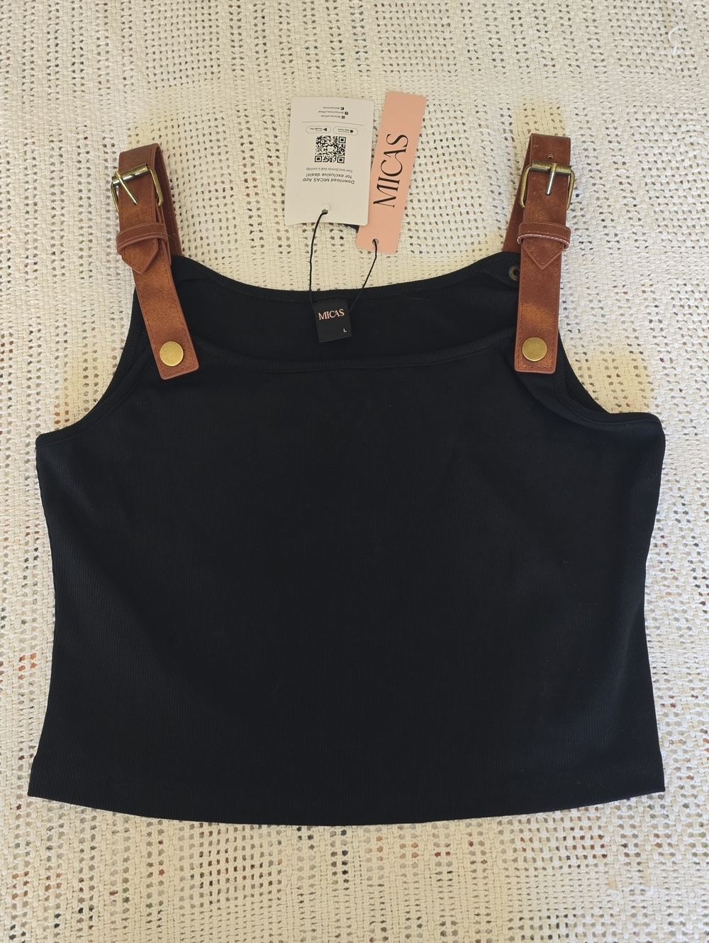 Black Cropped Tank with Brown Buckle Strap Detail